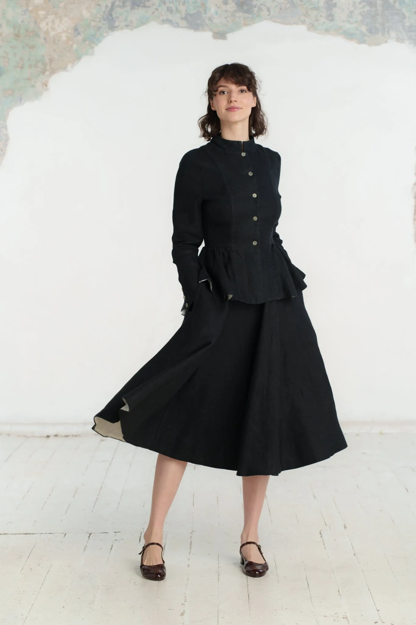 Peplum Jacket, Twill Linen, Black Pansy sold by Son de Flor