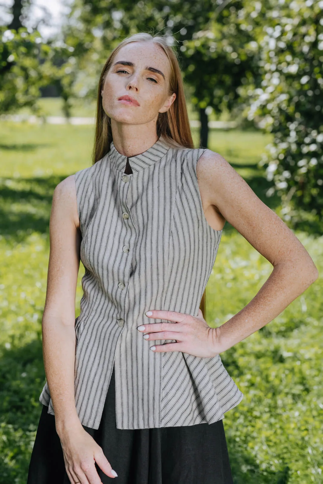 Peplum Vest, Sleeveless, Natural Stripe sold by Son de Flor