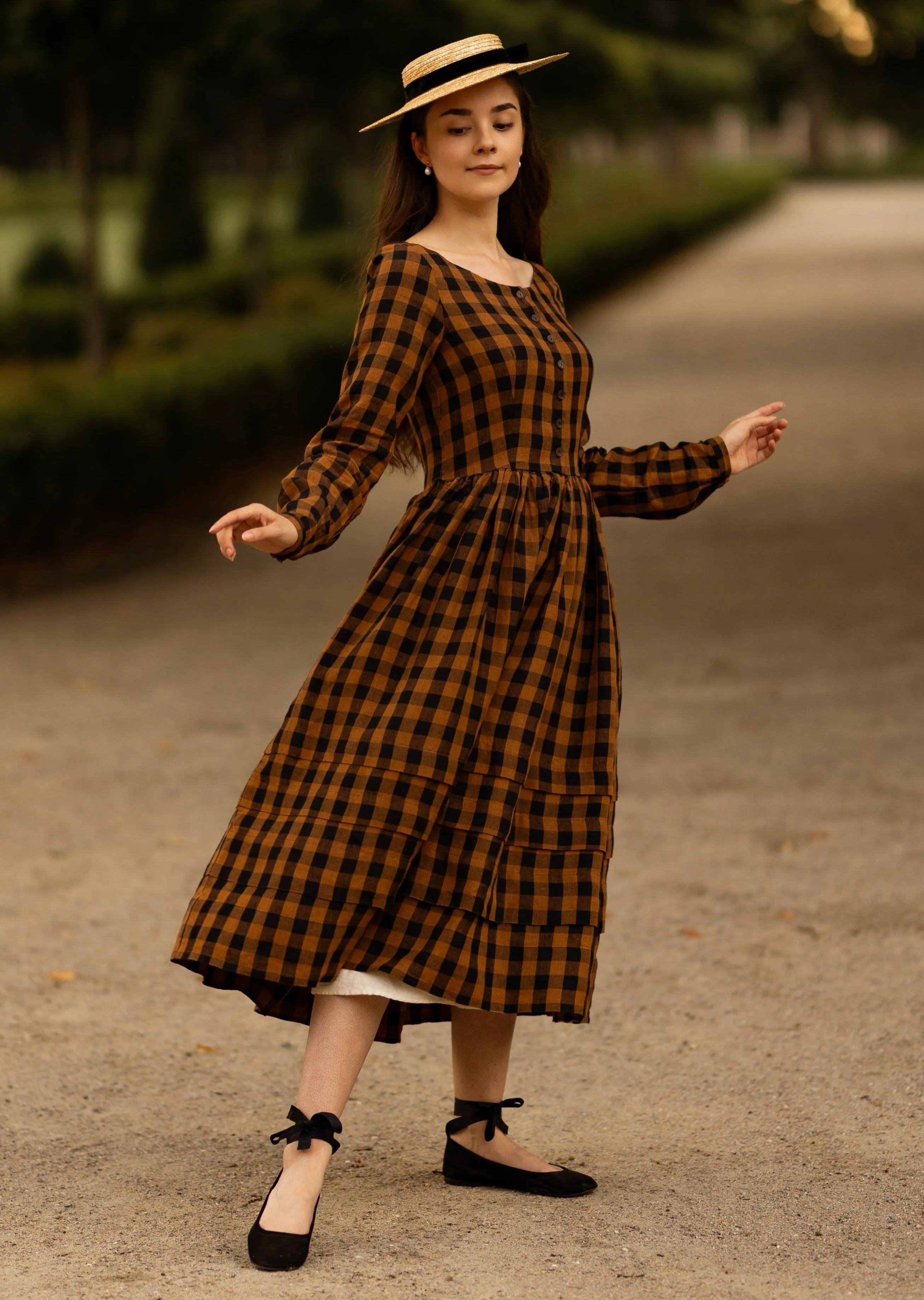 Eyre Dress, Long Sleeve, Brown Checkers sold by Son de Flor