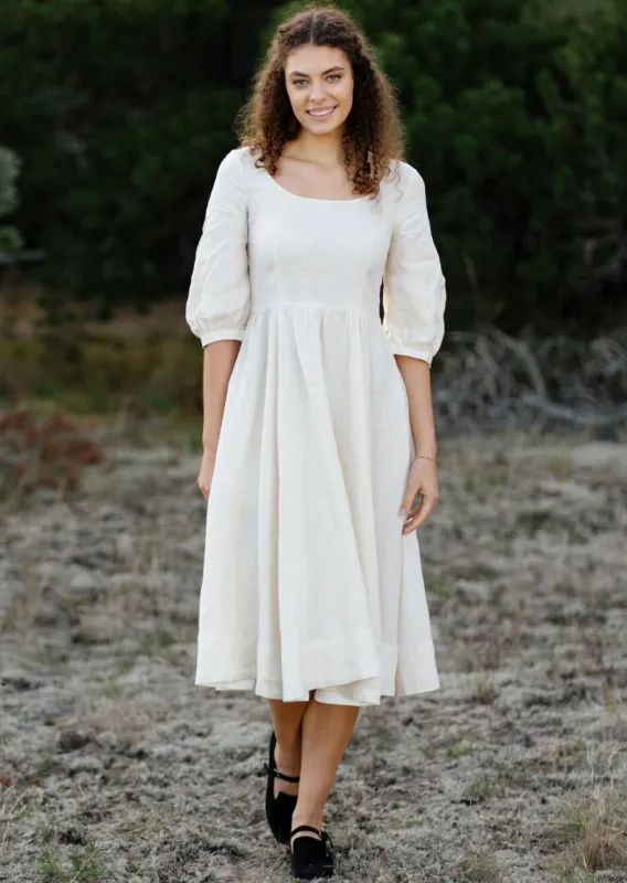Carmen Dress, 3/4 Sleeve, Milky White, Hemp sold by Son de Flor