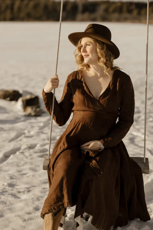 Wrap Dress, Long Sleeve, Twill Linen, Espresso Brown sold by Son de Flor