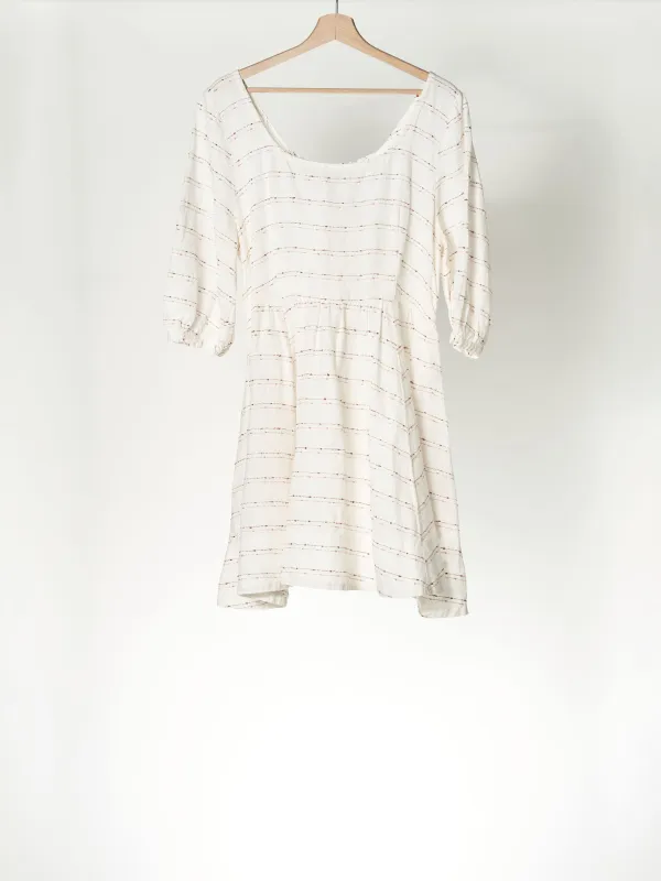 Pink Stripes on White Mini Carmen Dress, 3/4 Sleeve sold by Son de Flor