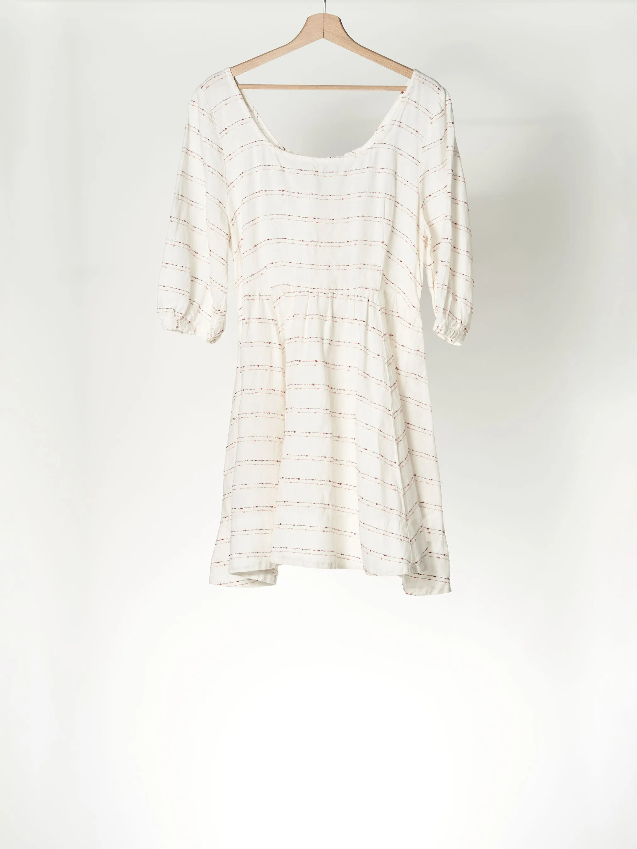 Pink Stripes on White Mini Carmen Dress, 3/4 Sleeve sold by Son de Flor