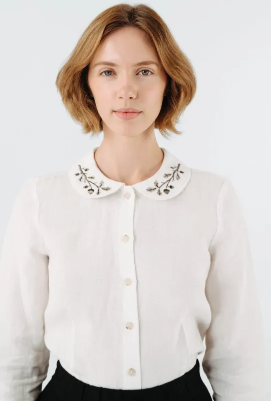 Classic Shirt with Embroidered Collar, Long Sleeve, White Magnolia sold by Son de Flor