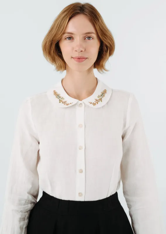 Classic Shirt with Embroidered Collar, Long Sleeve, White Magnolia sold by Son de Flor