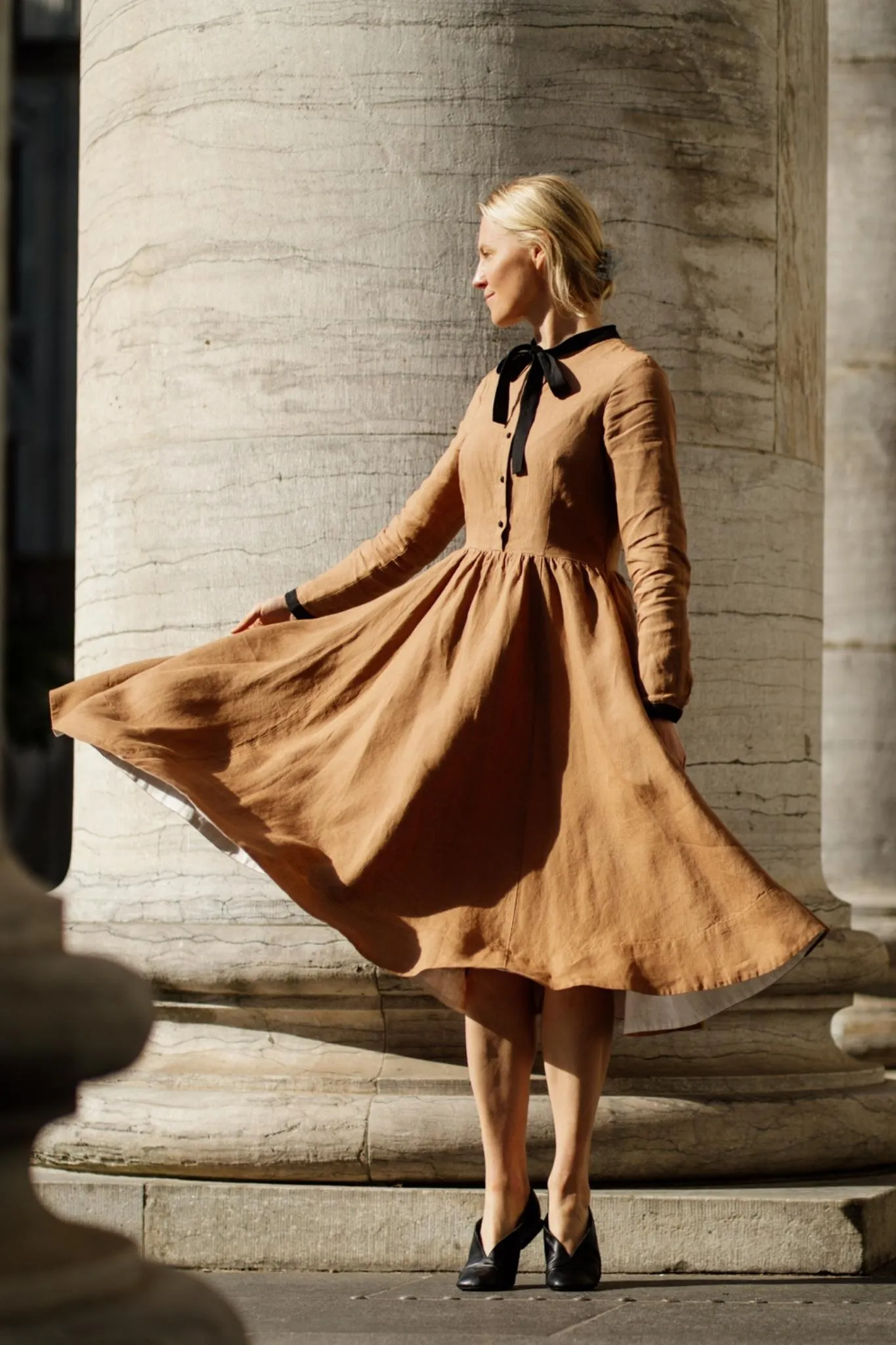 Jasmine – Bow Tie Collar Linen Midi Dress sold by Son de Flor