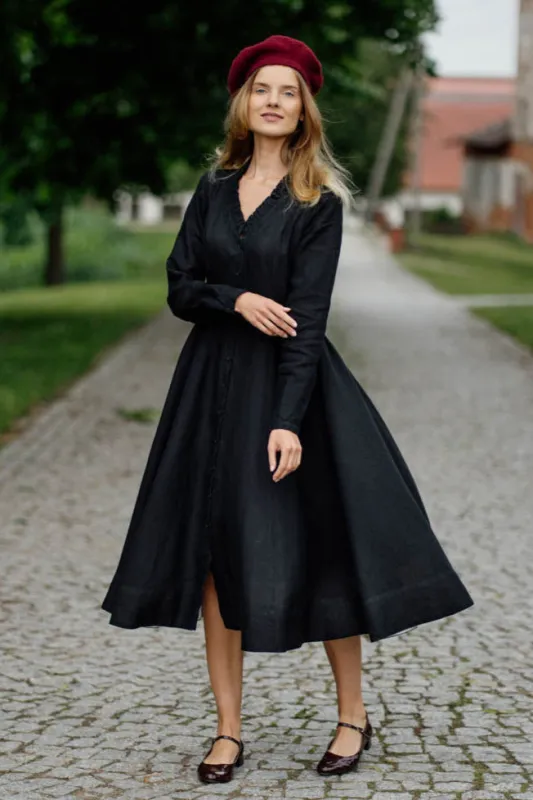 Ophelia – Ruffled V-Neck Linen Midi Dress sold by Son de Flor
