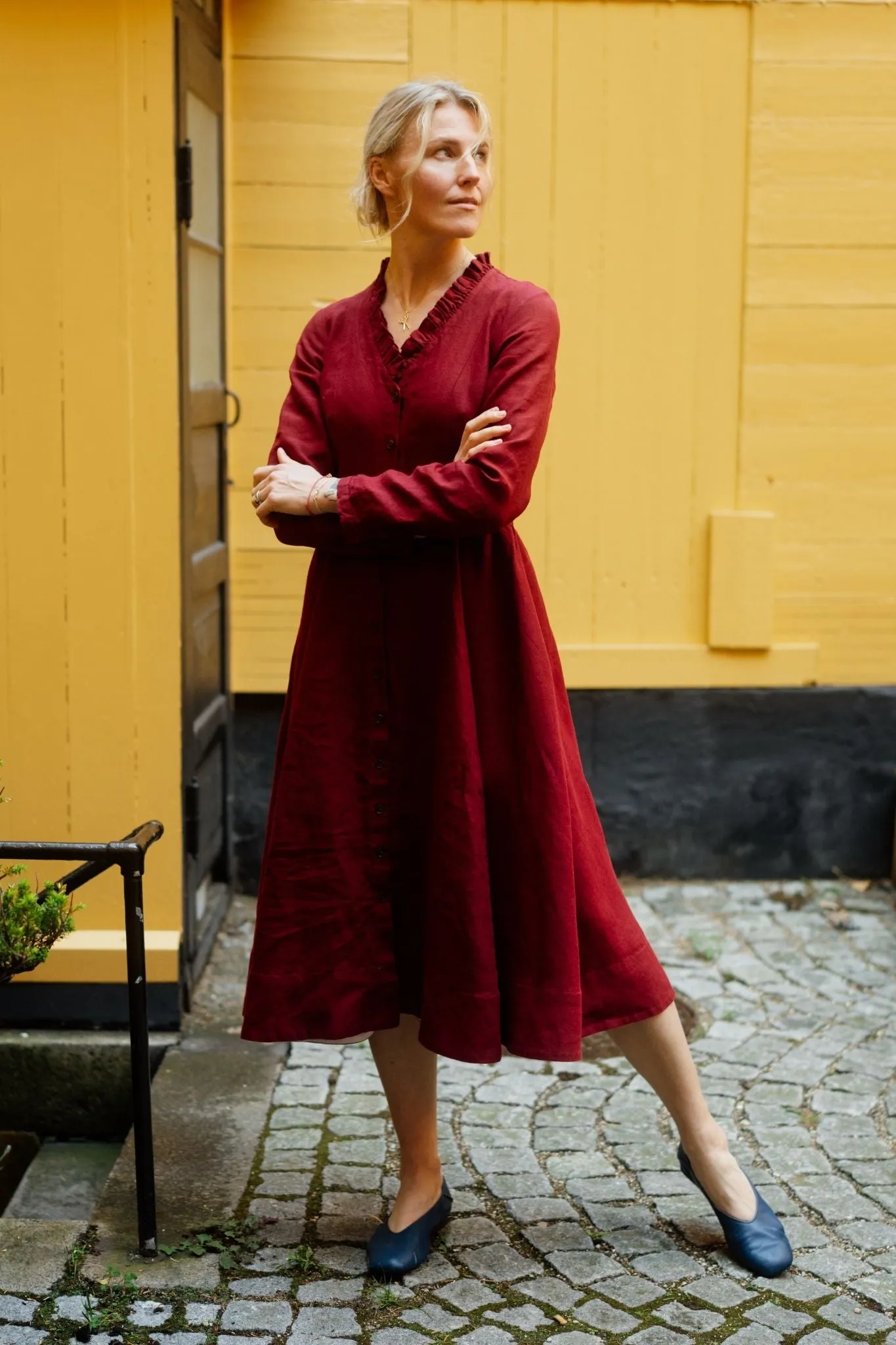 Ophelia – Ruffled V-Neck Linen Midi Dress sold by Son de Flor