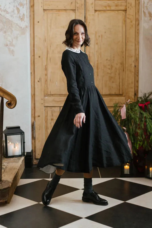 Classic Dress with Embroidered Hazelnut Collar, Long Sleeve sold by Son de Flor