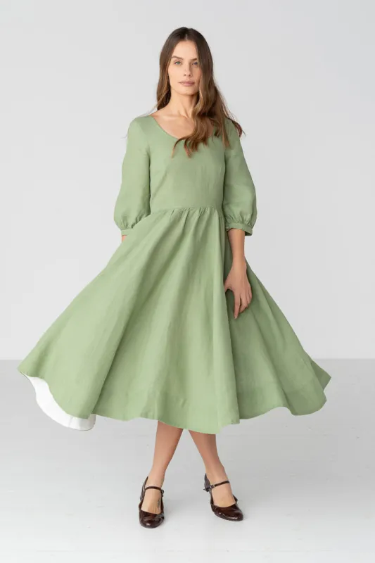Carmen – Puff Sleeve Linen Midi Dress sold by Son de Flor