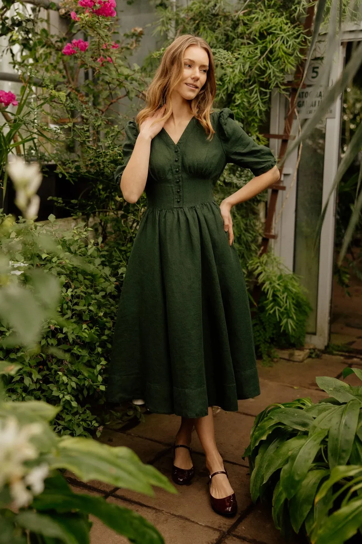 Diane – Puff Sleeve Linen Midi Dress sold by Son de Flor