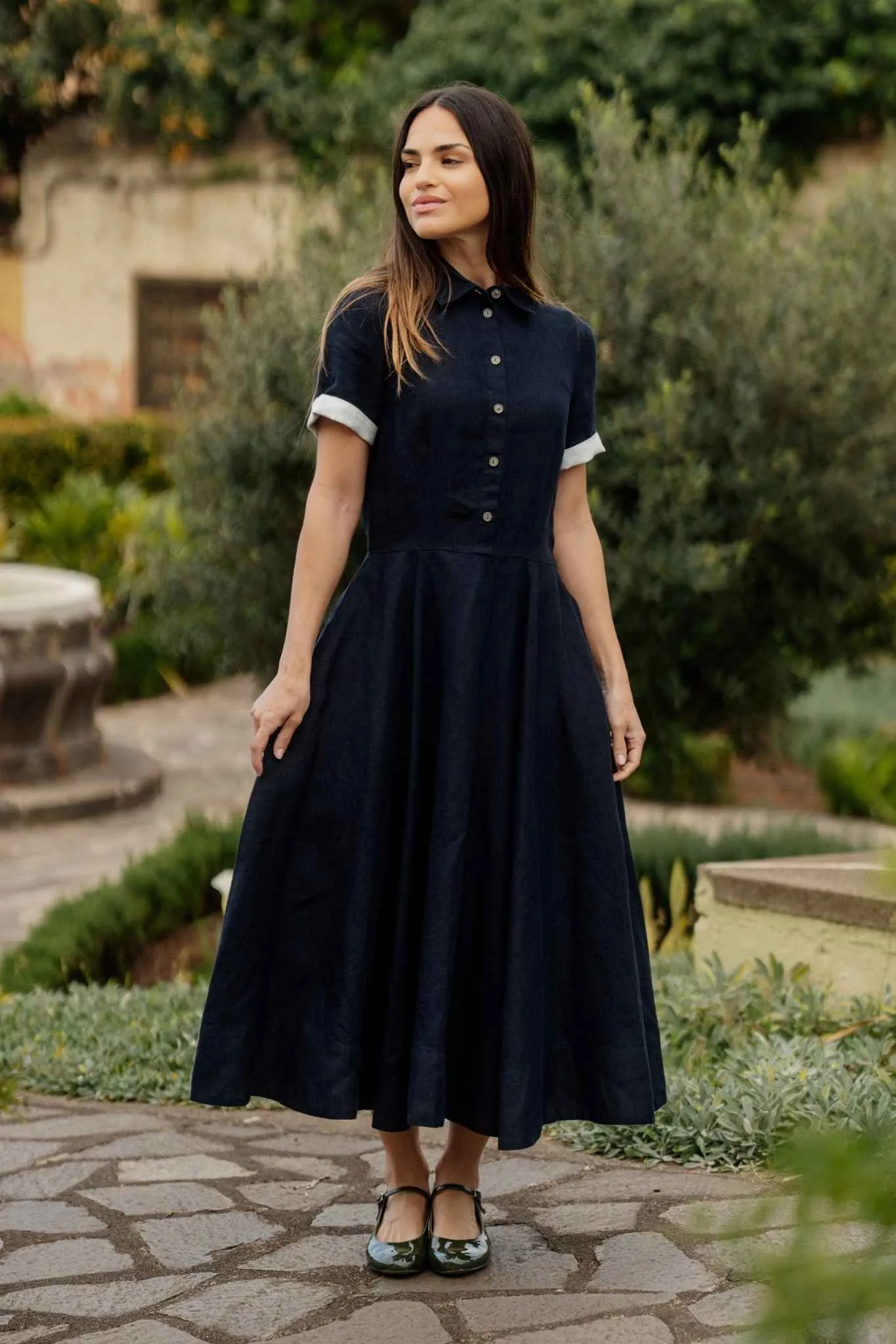 Frida – Short Sleeve Linen Dress with Shirt Collar sold by Son de Flor