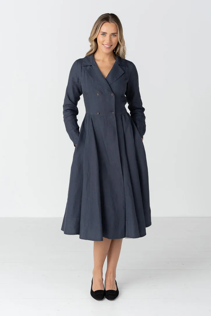 Enola – Tailored Linen Midi Dress with Notch Collar sold by Son de Flor