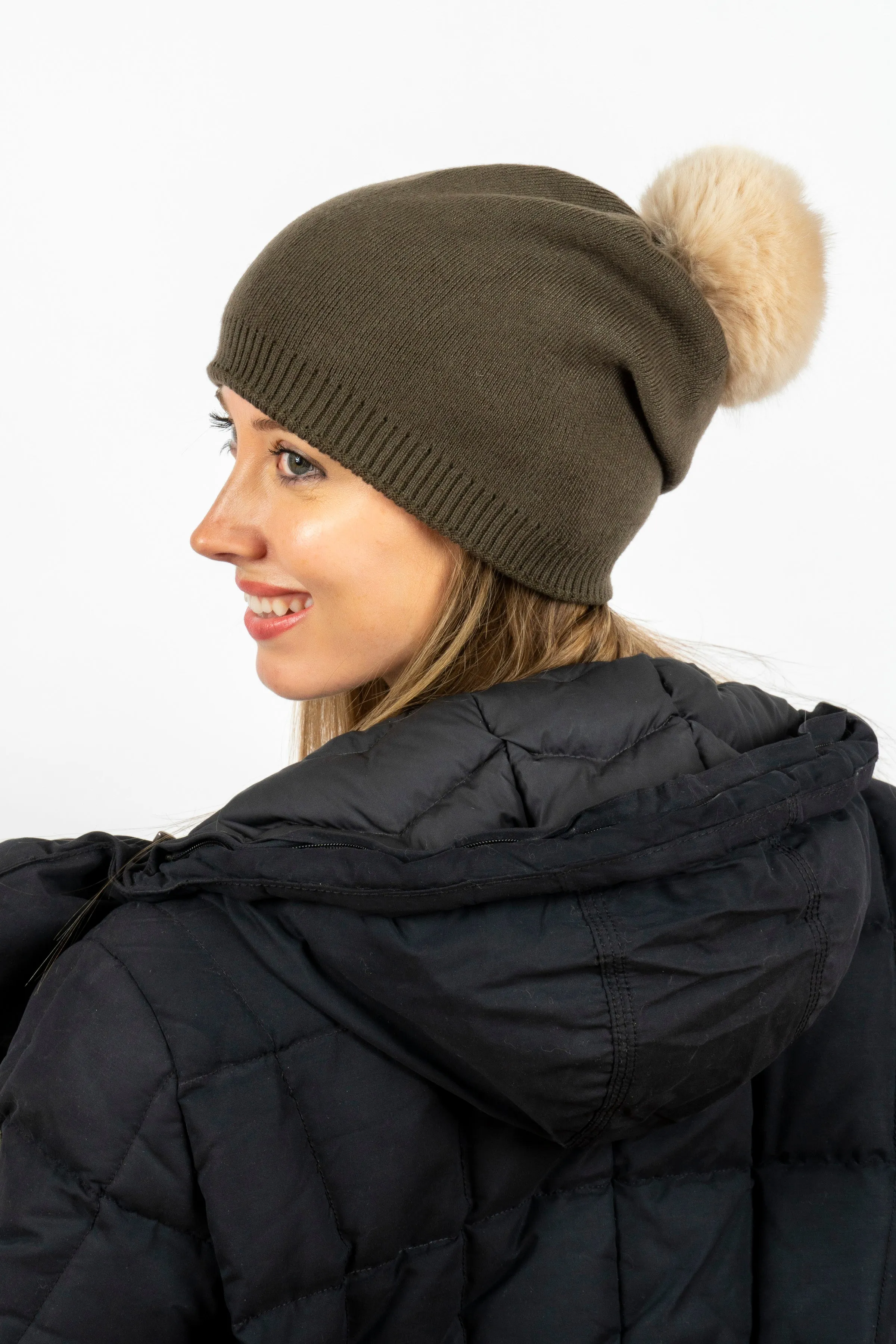 Brooklyn Beanie Army/Beige Faux Fur Pom sold by HAUTE SHORE product image thumbnail 5