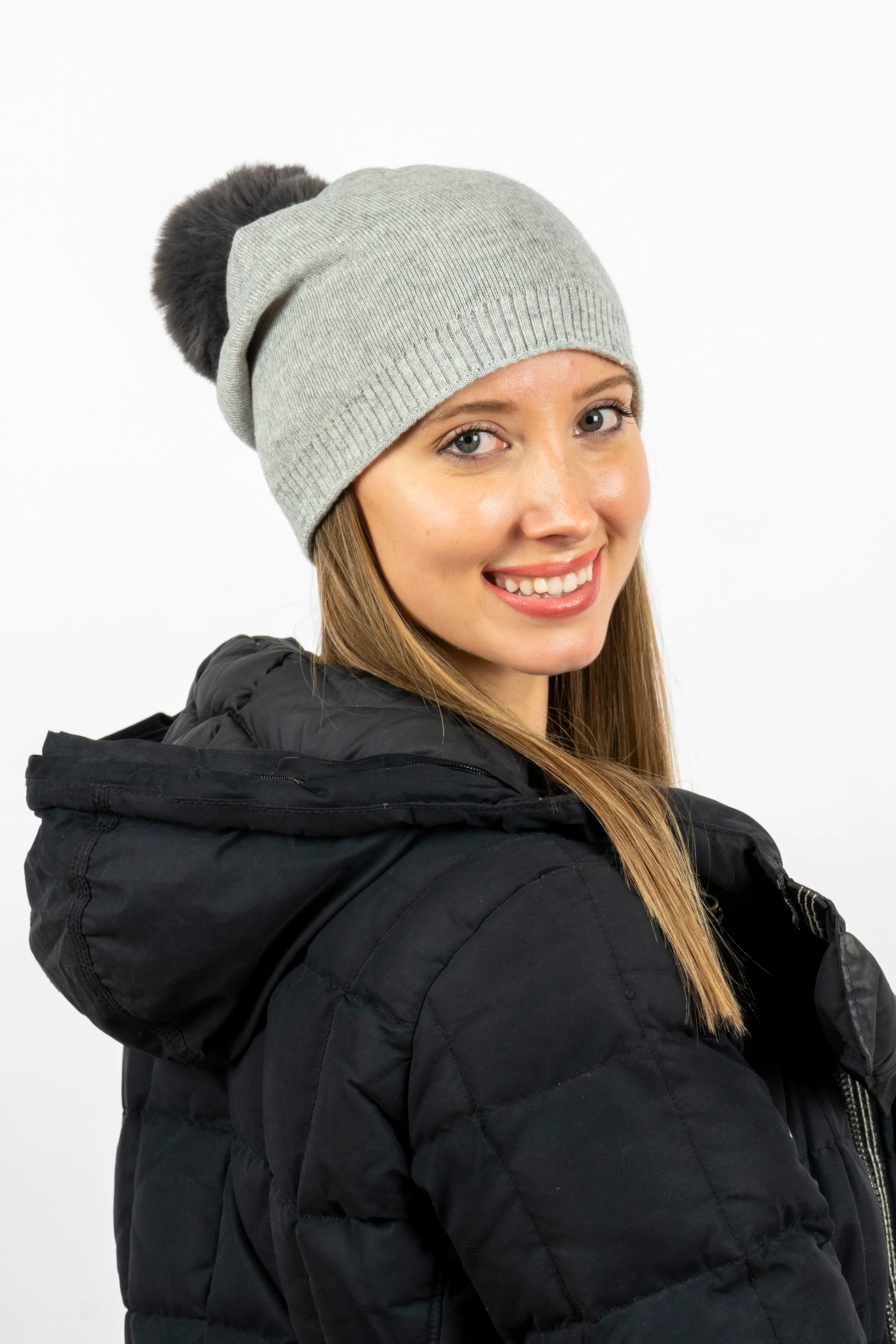 Brooklyn Beanie Heather/Charcoal Faux Fur Pom sold by HAUTE SHORE product image thumbnail 4