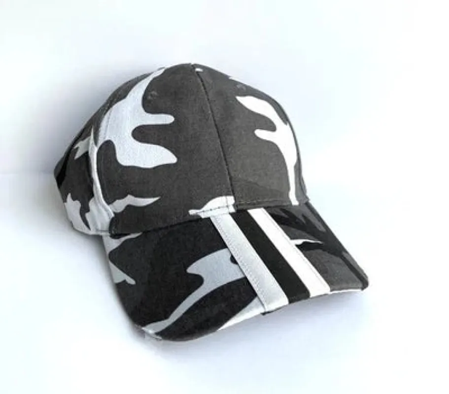 Gray Camo/Black & White Stripe Boardwalk Baseball Cap sold by HAUTE SHORE