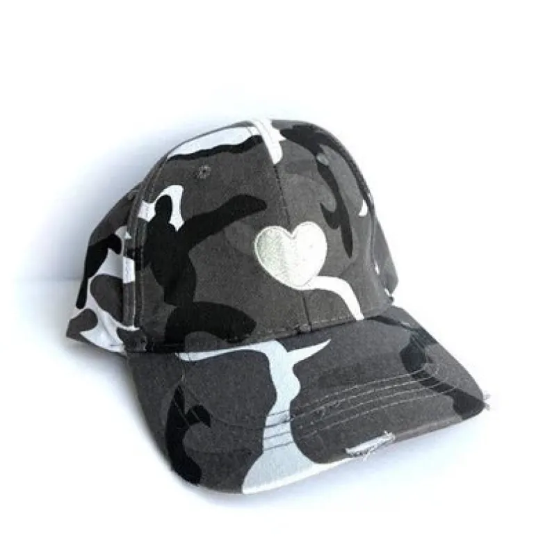 Gray Camo/Silver Heart Boardwalk Baseball Cap sold by HAUTE SHORE