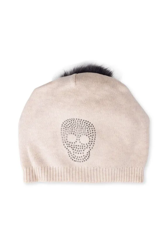 Skull Beanie Beige Faux Pom Pom sold by HAUTE SHORE