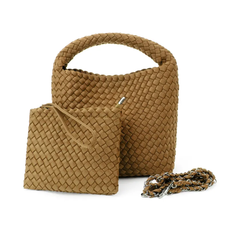 Shelly Camel Woven Bucket Bag sold by HAUTE SHORE