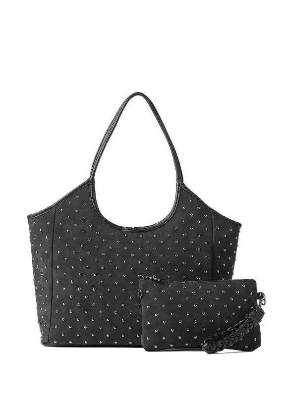 Isla Black Suede Studded Tote sold by HAUTE SHORE