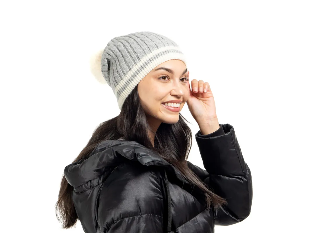 Heather/White Stripe Cabin Cable Hat sold by HAUTE SHORE