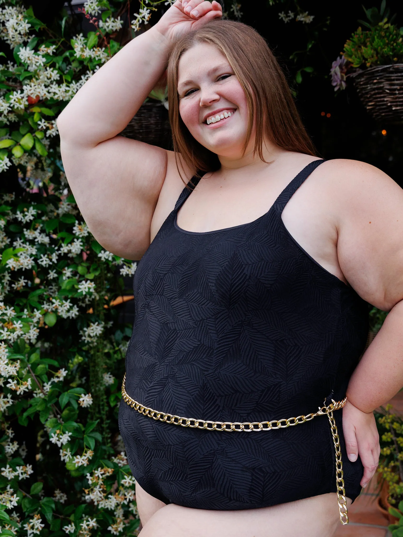 Shelf Bra One Piece With Chain Belt in Black Tropic sold by Kitty & Vibe product image thumbnail 5