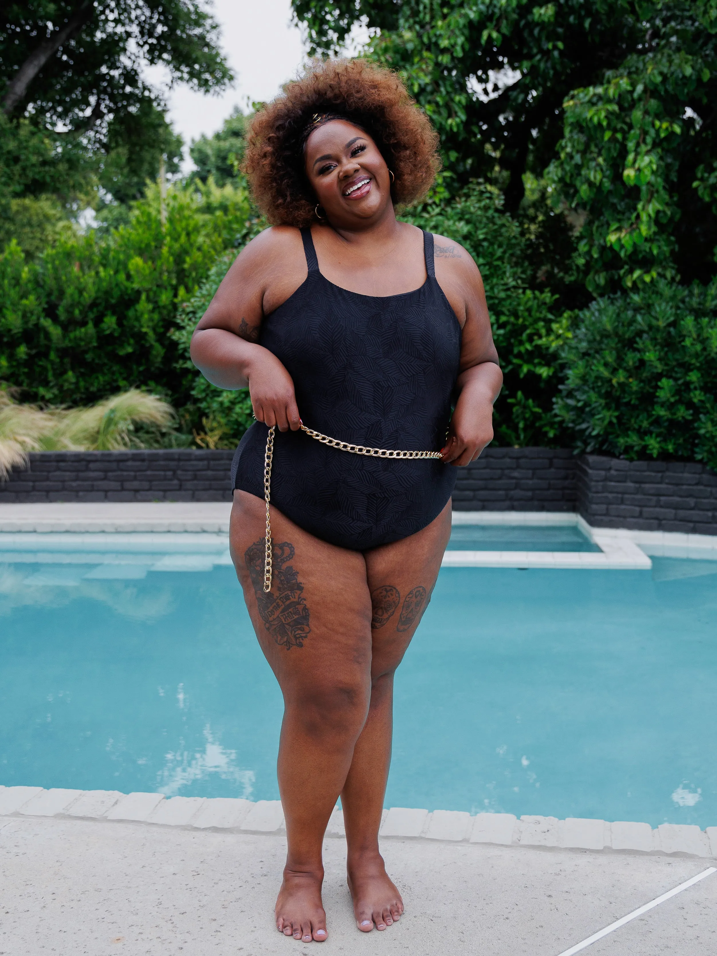 Shelf Bra One Piece With Chain Belt in Black Tropic sold by Kitty & Vibe product image thumbnail 3