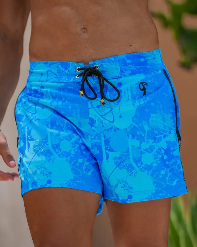Splatter Swim Shorts Blue - 3" sold by Tucann