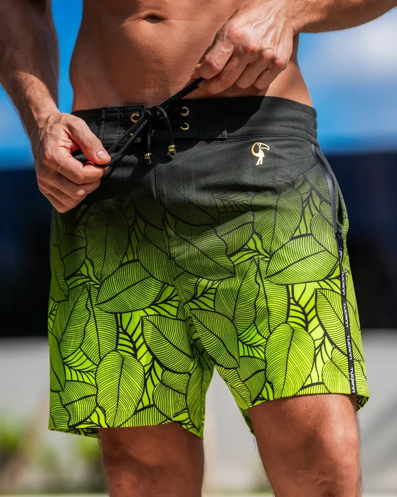 Black Leaf Lime Swim Trunks - 5" sold by Tucann