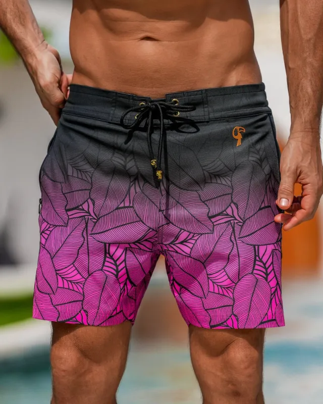 Black Leaf Magenta Swim Trunks - 5" sold by Tucann