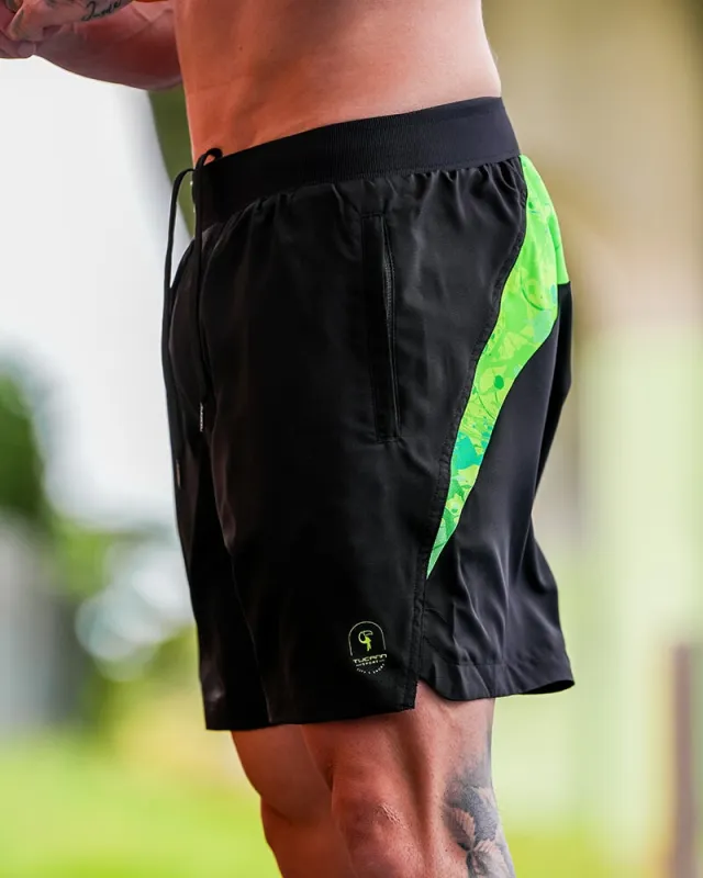Hybrid Active Shorts Splatter - Fluro 5 Inch sold by Tucann