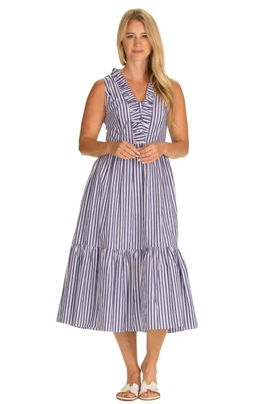 The Delphine Dress in Bright Blue Stripe sold by Duffield Lane