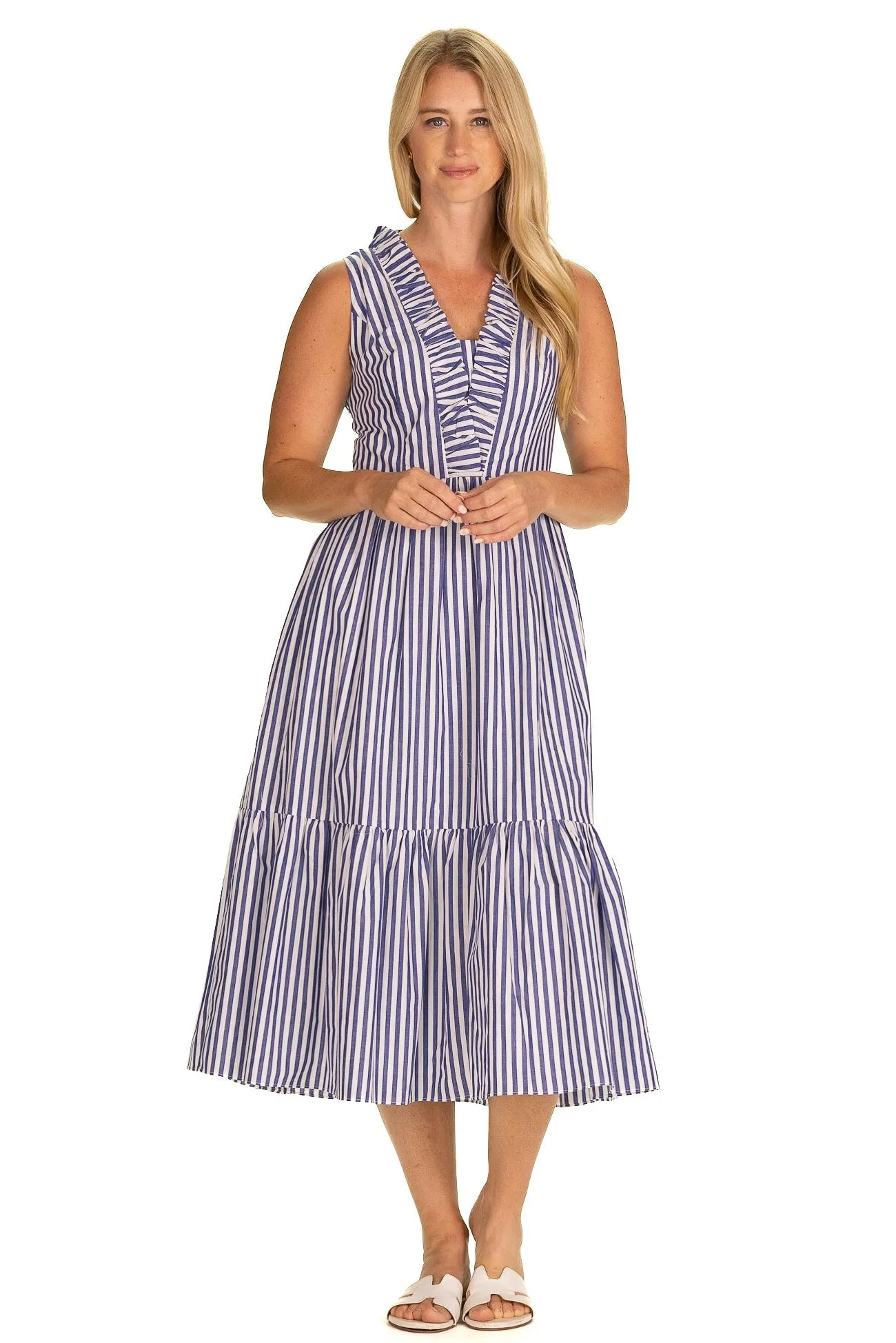 The Delphine Dress in Bright Blue Stripe sold by Duffield Lane