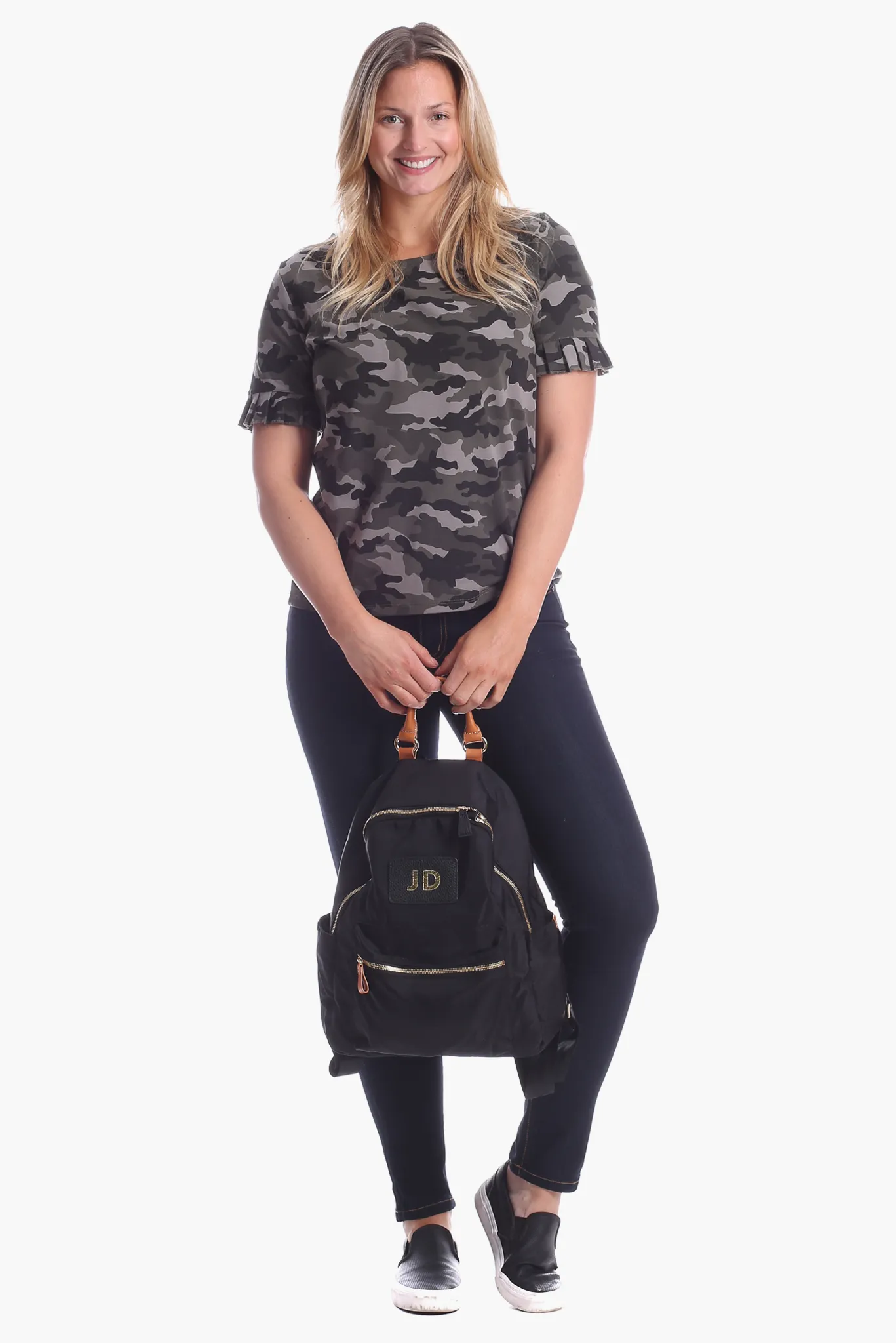 Rosie Ruffle Tee in Camo sold by Duffield Lane