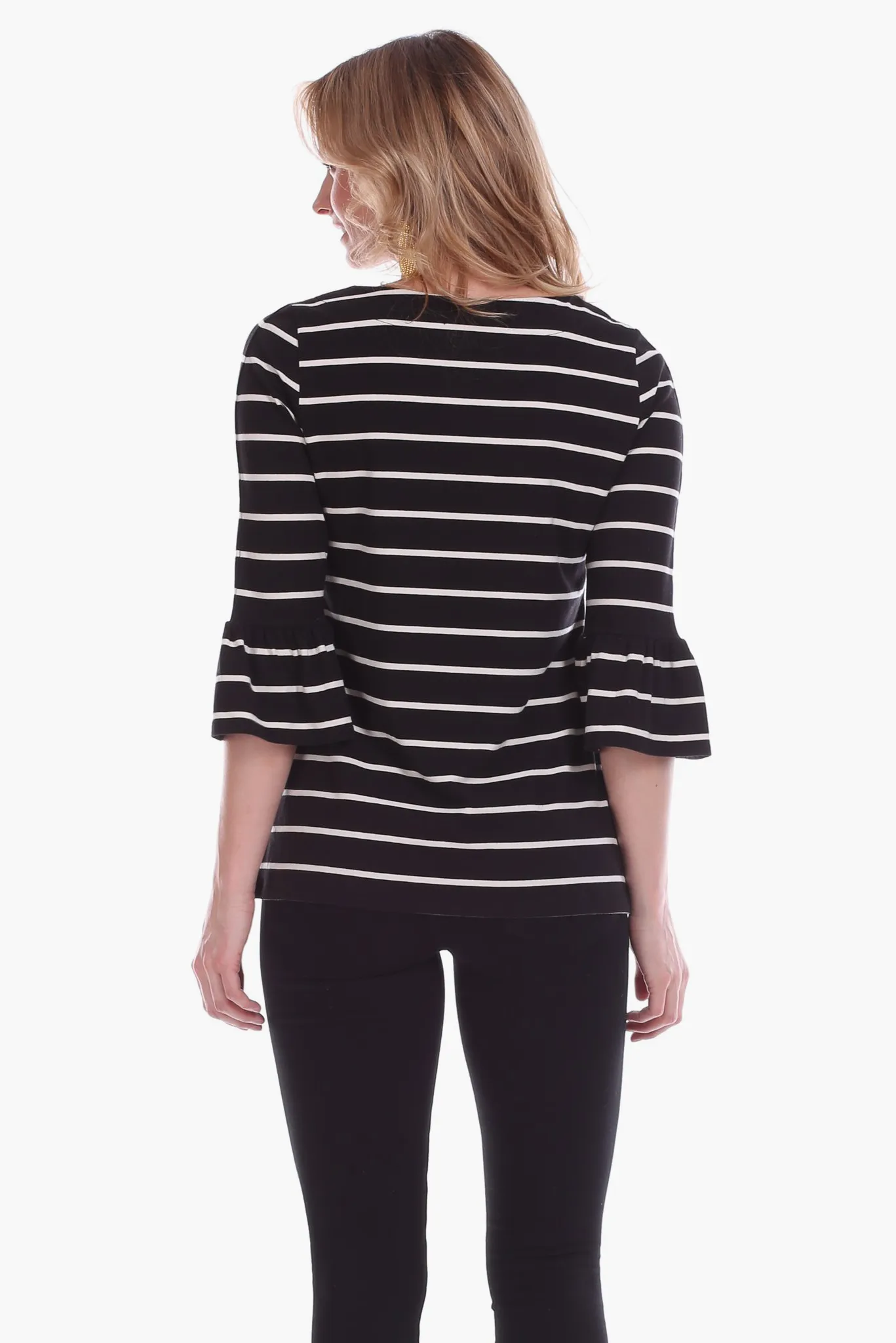Rose Ruffle Sleeve Top in Black with Ivory Stripes sold by Duffield Lane product image thumbnail 3