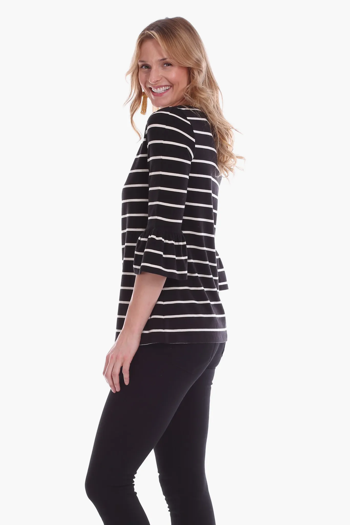 Rose Ruffle Sleeve Top in Black with Ivory Stripes sold by Duffield Lane product image thumbnail 4