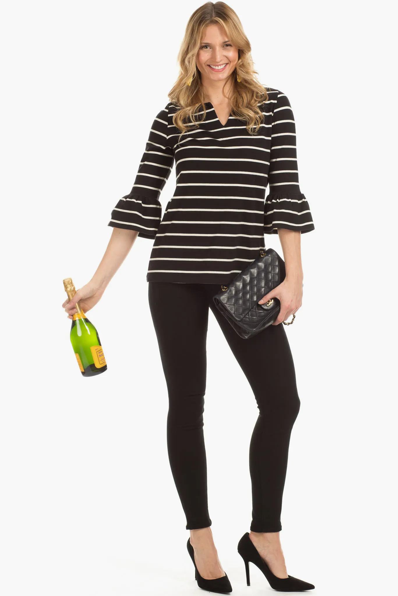 Rose Ruffle Sleeve Top in Black with Ivory Stripes sold by Duffield Lane