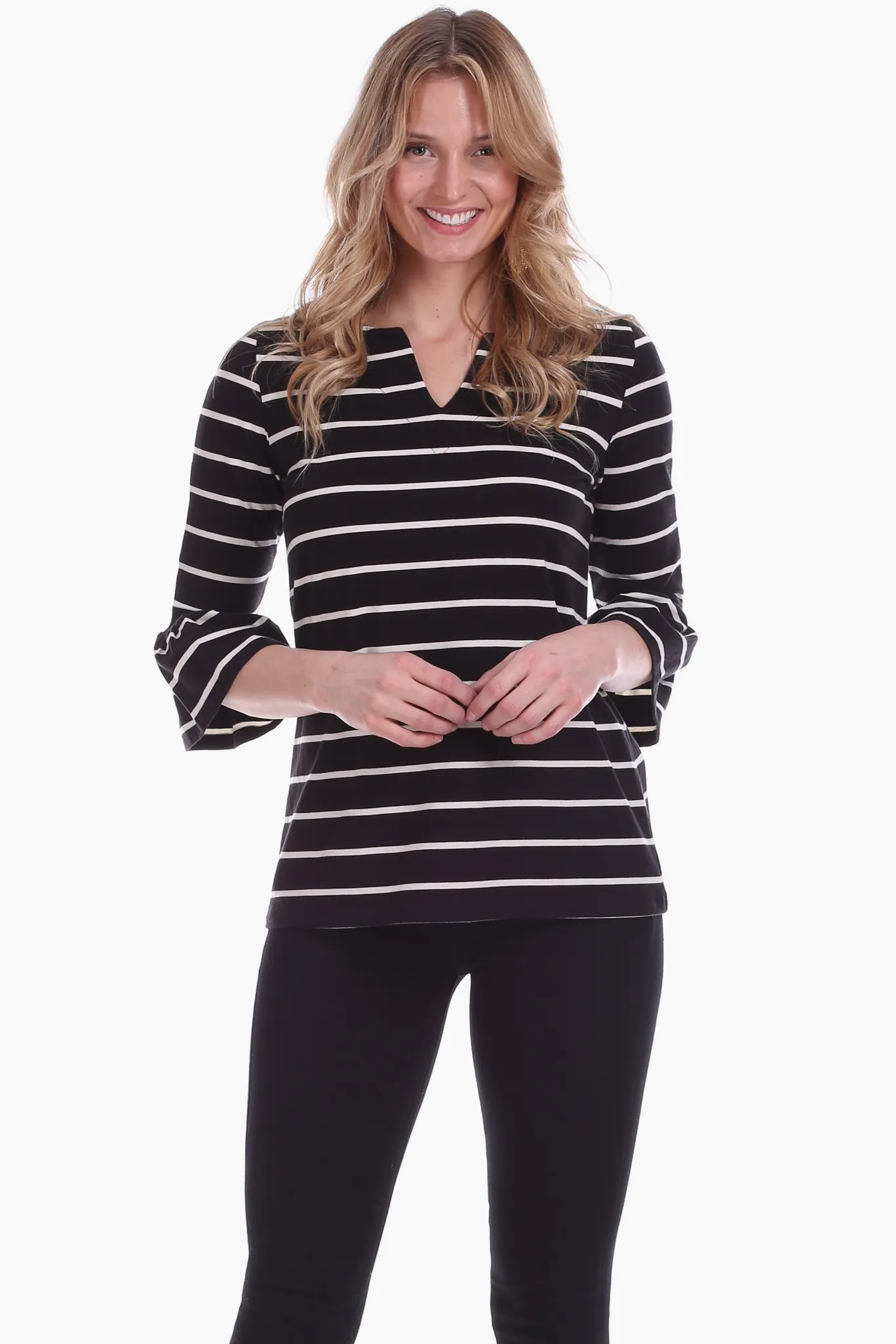 Rose Ruffle Sleeve Top in Black with Ivory Stripes sold by Duffield Lane product image thumbnail 2