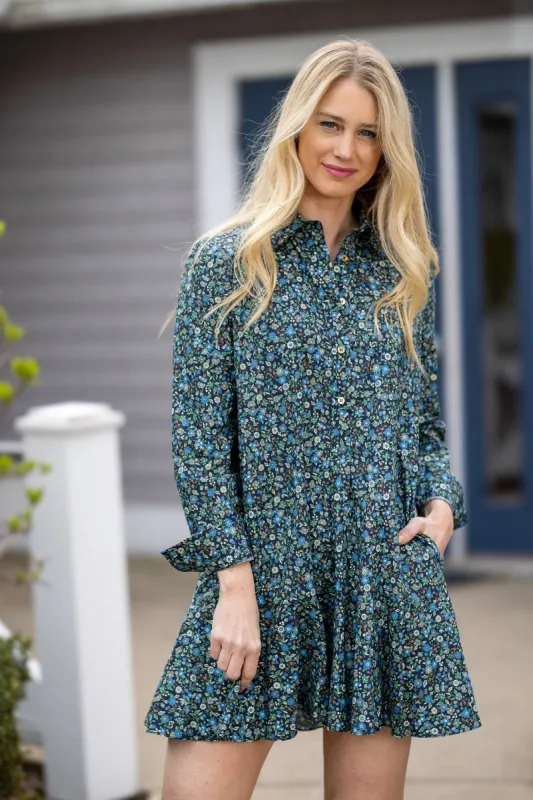 The Iris Drop Waist Shirt Dress in Green Floral sold by Duffield Lane