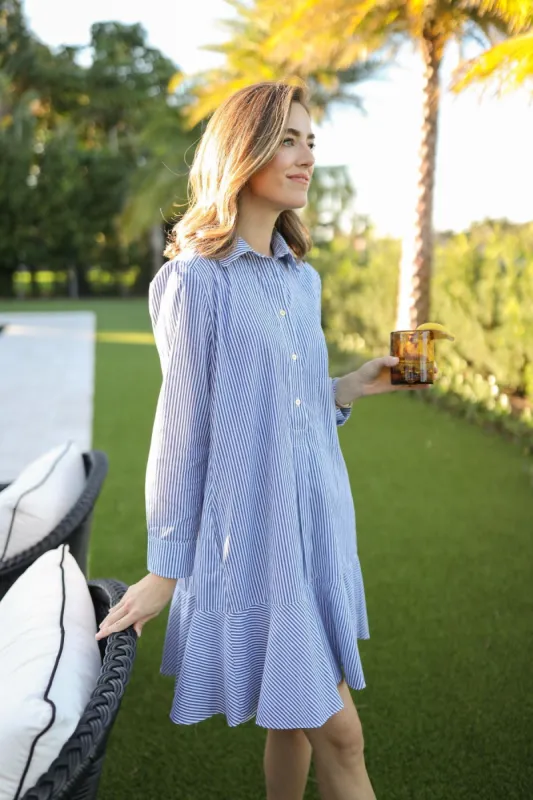 The Iris Dress in Navy Stripe sold by Duffield Lane