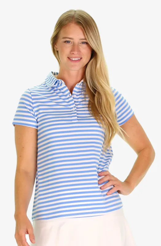 The Lorna Polo Top in Blue Sky Stripe sold by Duffield Lane