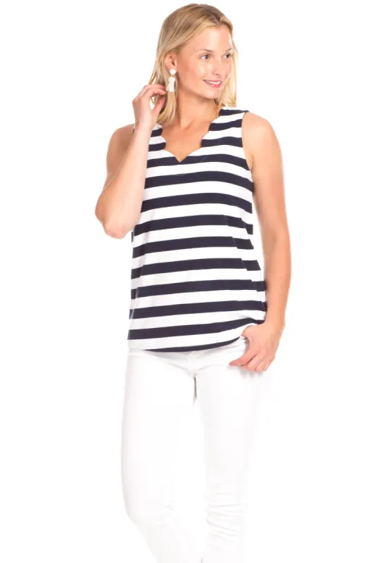 Serena Scallop Tank in Navy and White Stripes sold by Duffield Lane