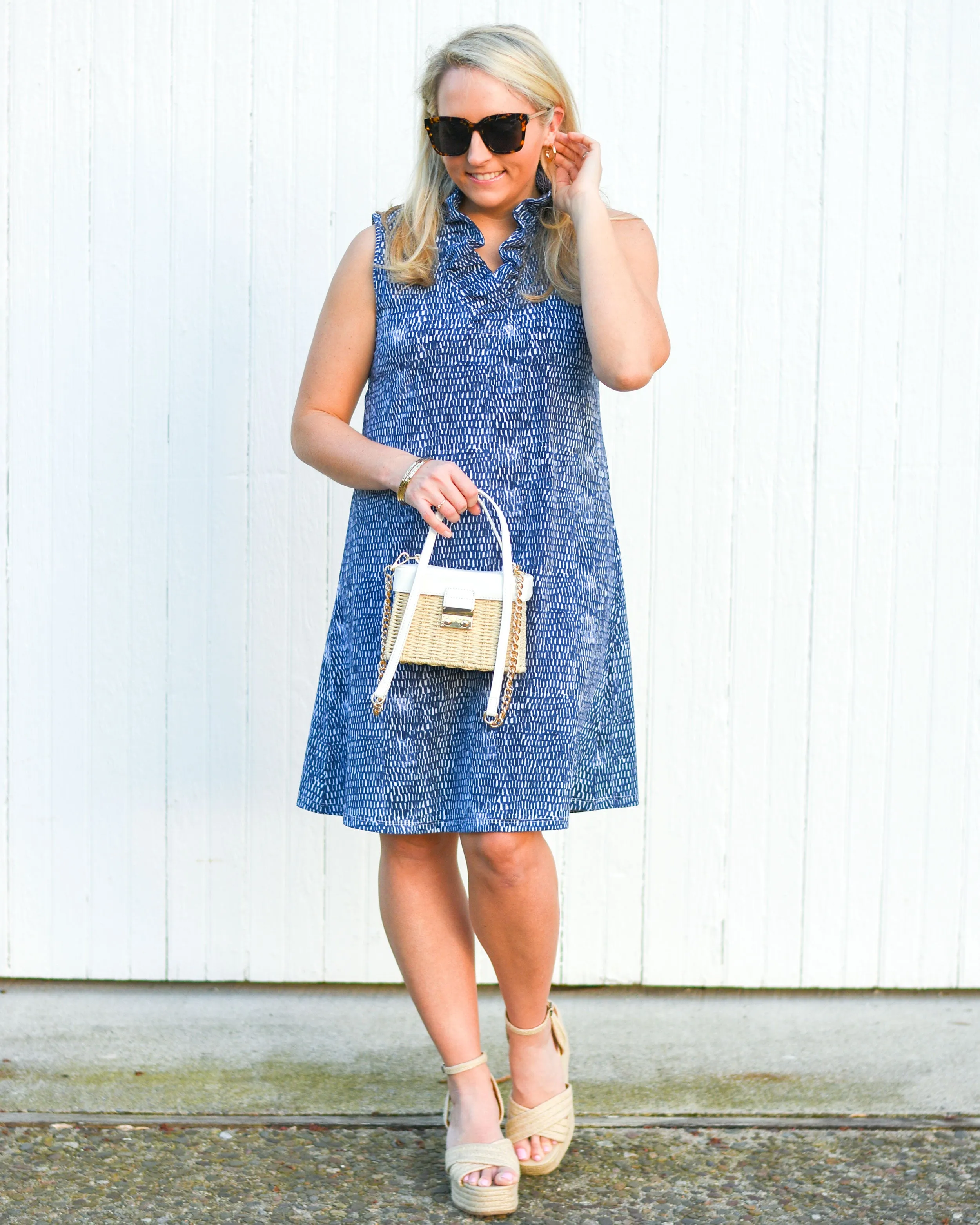 The Somerset Dress in Blue Scales Print sold by Duffield Lane