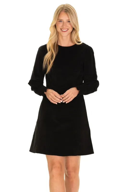 Marina Dress in Black Corduroy sold by Duffield Lane