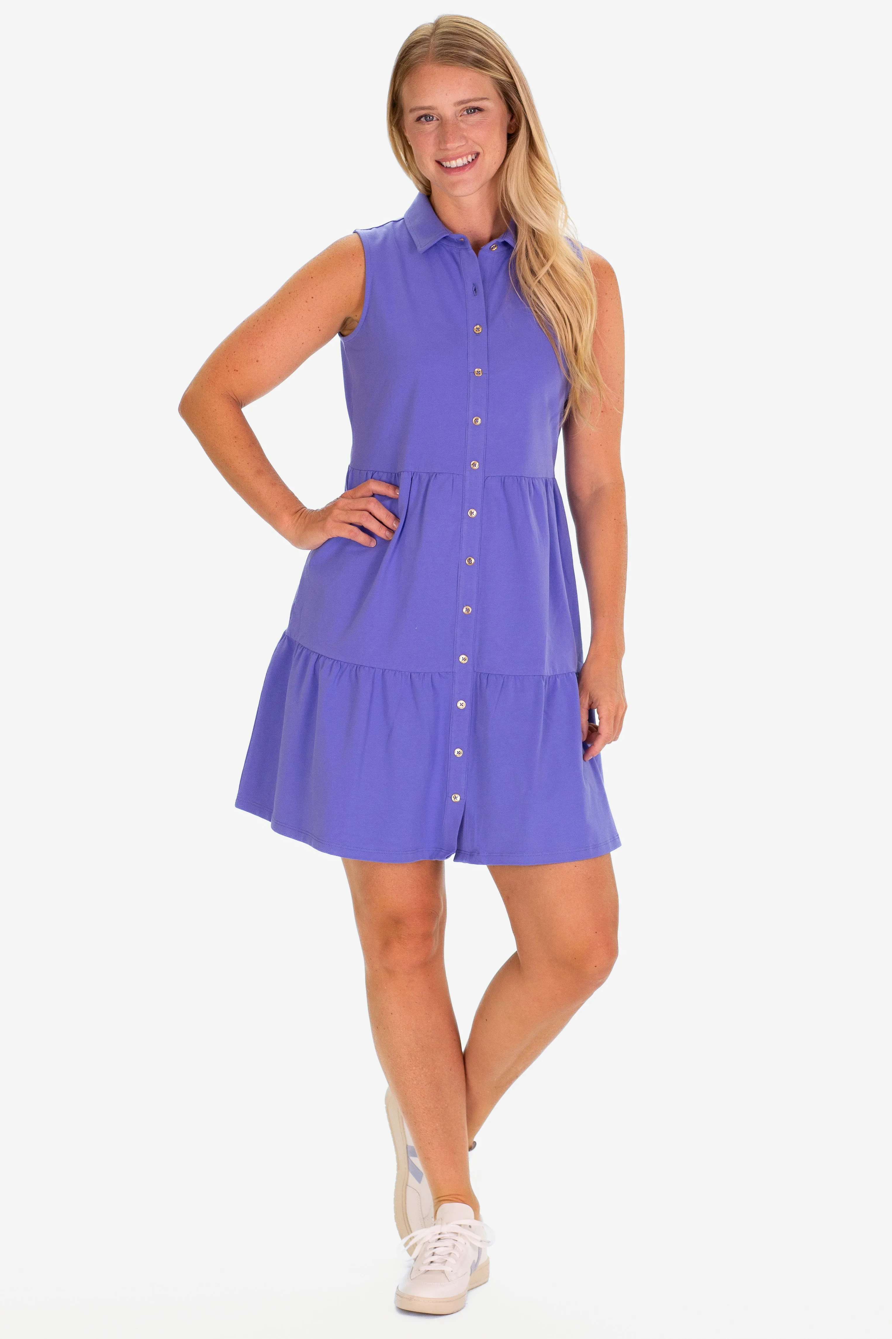 The Sleeveless Olivia Dress in Periwinkle sold by Duffield Lane