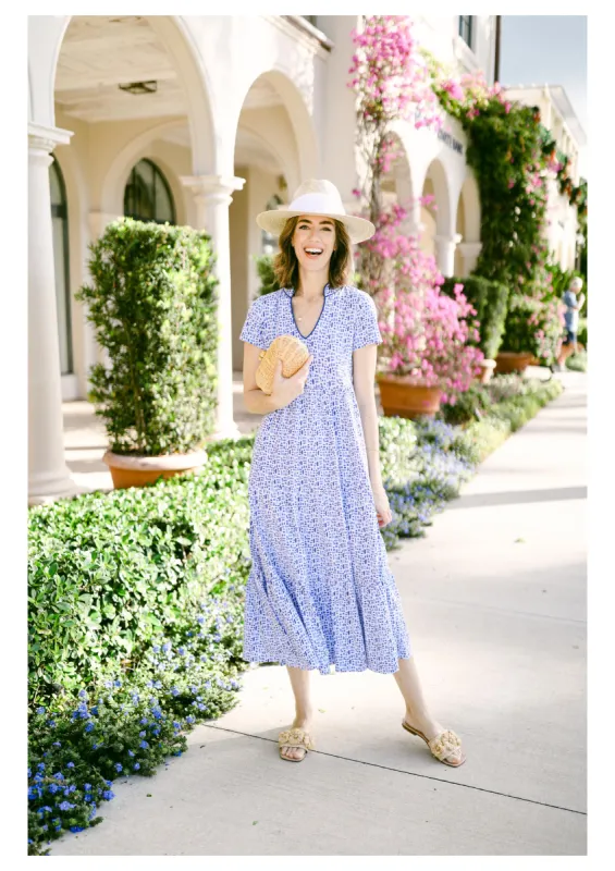 The Magnolia Dress in Blue Basketweave sold by Duffield Lane
