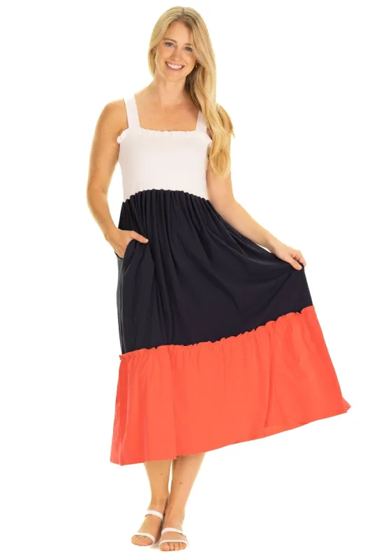 The Marie Midi Dress in Colorblock sold by Duffield Lane