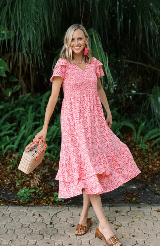 Mattie Dress in Coral Kaleidoscope sold by Duffield Lane