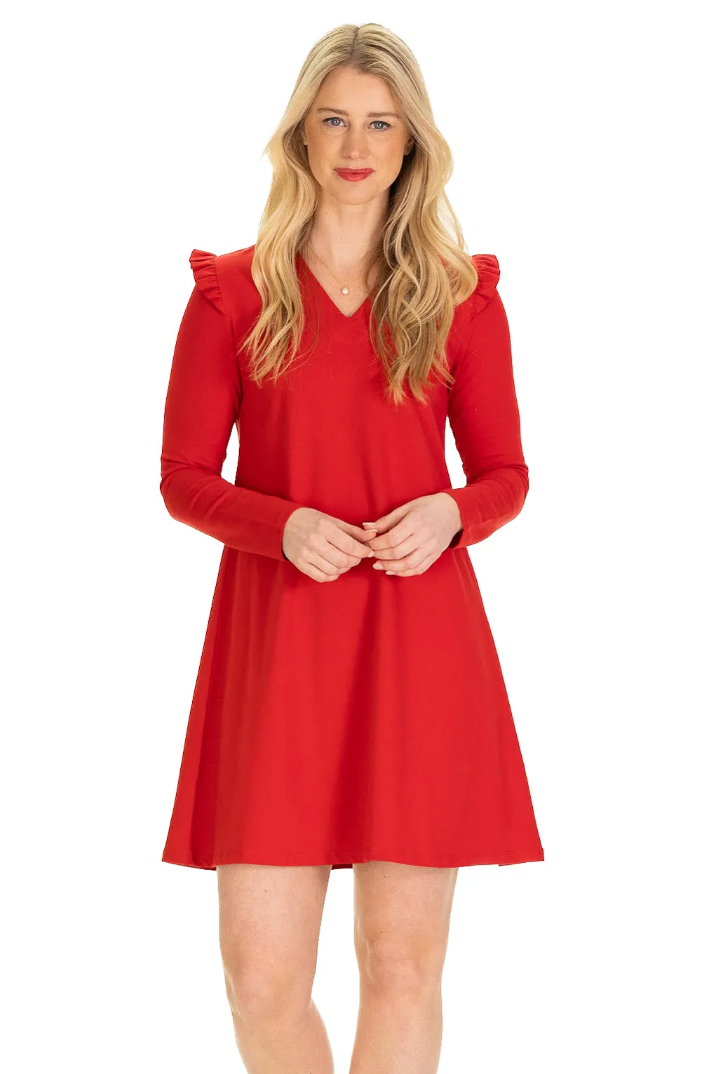 Rebecca Ruffle Dress in Holly Berry sold by Duffield Lane