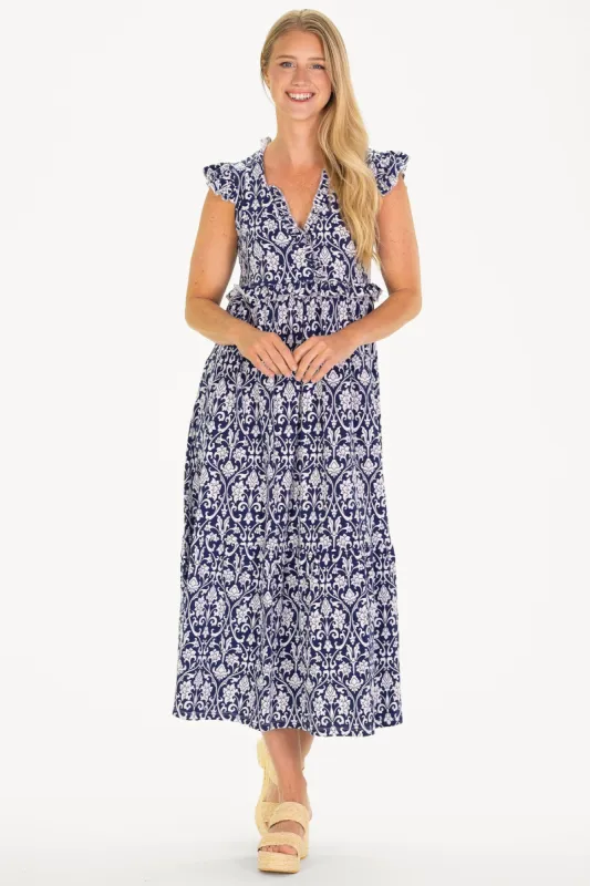 The Kimberly Dress in Navy Filigree sold by Duffield Lane